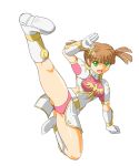  1girl belt boots brown_hair chinese_clothes gloves green_eyes hair_ornament hairpin highres irene_(shining_force) kicking knee_boots murasaki2007 panties pink_panties shining_(series) shining_force_iii short_hair solo twintails underwear white_background 