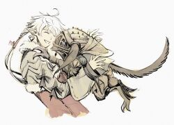  1girl 1other ahoge alisaie_leveilleur black_bow bow chinese_commentary closed_eyes commentary cropped_torso earrings elezen elf final_fantasy final_fantasy_xiv from_side fur-trimmed_jacket fur_trim ga_bu grey_background highres hug jacket jewelry kobold_(final_fantasy) parted_lips pointy_ears ponytail red_jacket simple_background sleeve_bow smile white_hair zoe0701 