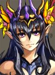  1girl bare_shoulders black_hair brown_background bust earrings flower hair_flower hair_ornament jewelry lips long_hair looking_away necklace persephone_(p&amp;d) pointy_ears puzzle_&amp;_dragons simple_background single_earring solo tiara violet_eyes youichi 