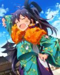  1girl ^_^ architecture black_hair closed_eyes clouds east_asian_architecture ganaha_hibiki hamuzou idolmaster idolmaster_million_live! japanese_clothes kimono long_hair official_art pagoda ponytail sayagata sky smile torn_clothes 