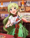  1girl :d ahoge aqua_eyes food green_hair hair_ornament hairband heart_hair_ornament idolmaster idolmaster_million_live! knife long_hair looking_at_viewer meat official_art open_mouth restaurant route_66 shimabara_elena smile solo waitress 