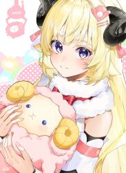  1girl amesui animal_ears blonde_hair bow bowtie closed_mouth detached_sleeves fur-trimmed_sleeves fur_collar fur_trim hair_ornament hairclip highres holding hololive horns long_hair looking_at_viewer red_bow red_bowtie sheep_ears sheep_girl sheep_horns shirt sleeveless sleeveless_shirt smile solo tsunomaki_watame tsunomaki_watame_(1st_costume) upper_body violet_eyes virtual_youtuber watamate white_shirt 
