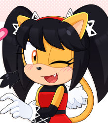  1girl ;d animal_ears black_hair cat_ears cat_girl cat_tail commission english_commentary eyelashes fang furry furry_female gloves hairband heart heart_hands heart_hands_duo highres hobi_(4622j) honey_the_cat looking_at_viewer one_eye_closed open_mouth red_hairband smile solo sonic_(series) tail twintails white_gloves yellow_eyes yellow_fur 