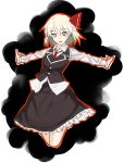  1girl blonde_hair darkness hair_ribbon jonylaser long_sleeves necktie open_mouth outline outstretched_arms red_eyes ribbon rumia shirt skirt skirt_set smile solo touhou vest 