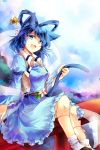  1girl animal_ears belt blue_dress blue_eyes blue_hair cat_day cat_ears cat_tail commentary_request dress flower hair_ornament hair_rings hair_stick juliet_sleeves kaku_seiga kemonomimi_mode kutsuki_kai long_sleeves looking_at_viewer open_clothes open_mouth open_vest puffy_sleeves shawl sitting smile solo tail tail_grab torii touhou vest 