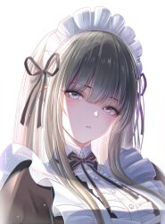 1girl apron black_dress blue_eyes breasts close-up dress hair_bow highres large_breasts long_hair maid masukudo_(hamamoto_hikaru) original ribbon_hair simple_background solo very_long_hair white_apron white_background