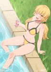  1girl :d ;d bare_shoulders bikini blonde_hair breasts collarbone grass highres large_breasts navel one_eye_closed open_mouth original partially_submerged ponytail pool scrunchie sitting smile soda_can solo swimsuit twintails water yellow_eyes 