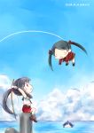  3girls :3 ahoge black_hair chibi clouds fishing fishing_rod hinata_yuu holding horizon kantai_collection long_hair mikuma_(kantai_collection) multiple_girls ocean open_mouth pleated_skirt ponytail red_eyes school_uniform serafuku sitting skirt sky taigei_(kantai_collection) twintails yahagi_(kantai_collection) 