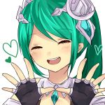  1girl aqua_hair armor artemis_(p&amp;d) bare_shoulders black_gloves blush breasts bust cleavage closed_eyes fingerless_gloves gloves hair_ornament heart long_hair open_mouth puzzle_&amp;_dragons smile solo yuyu_(piko01) 