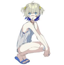  1girl ahoge bandage_on_cheek bandage_on_elbow bandage_on_knee bandaid bandaid_on_cheek bandaid_on_face bandaid_on_neck bandaid_on_nose bare_shoulders blue_bra blue_eyes blue_hair blue_nails bra bra_peek colored_inner_hair dress fingernails flip-flops full_body grey_dress grey_hair hair_ornament highres multicolored_hair nail_polish original sandals short_dress short_hair solo squatting star_(symbol) star_hair_ornament tiptoes toenail_polish toenails two-tone_hair two_side_up underwear yoshioka_suke 