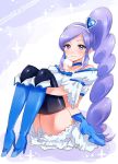  1girl aono_miki artist_request bare_shoulders blue_legwear blue_skirt blush boots choker cure_berry drill_hair earrings eyelashes fresh_precure! frilled_skirt frills hair_ornament hairband happy heart heart_hair_ornament high_heel_boots high_heels jewelry knee_boots long_hair looking_at_viewer magical_girl midriff ponytail precure purple_hair shirt side_ponytail skirt smile solo source_request thigh-highs thighs violet_eyes zettai_ryouiki 