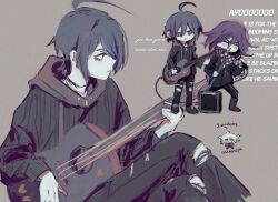  2boys ahoge black_hair blush checkered_clothes checkered_scarf crossed_legs danganronpa_(series) danganronpa_2:_goodbye_despair danganronpa_v3:_killing_harmony denim emo_fashion english_commentary english_text ff9900 flipped_hair green_jacket grey_background guitar hair_between_eyes holding holding_guitar holding_instrument holding_microphone hood hood_down hooded_jacket instrument jacket jeans komaeda_nagito long_sleeves lower_eyelashes_only makeup male_focus medium_hair messy_hair microphone multiple_boys muted_color oma_kokichi pants profile purple_hair russian_text scarf shirt short_hair simple_background sitting standing torn_clothes torn_jeans torn_pants translation_request two-tone_scarf violet_eyes white_hair yellow_eyes 