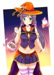  1girl absurdres artist_request breasts candy ghost green_eyes halloween hat highres long_hair looking_at_viewer love_live!_school_idol_project midriff purple_hair solo striped striped_legwear thigh-highs toujou_nozomi twintails witch_hat 
