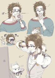  1boy 39999m animalization book brown_background brown_hair closed_eyes coffee coffee_mug collared_shirt crooked_eyewear cup dog drink glasses green_shirt grey_vest hair_brush hair_tie_in_mouth hand_up highres holding holding_book holding_cup holding_hair_brush horropedia looking_at_mirror medium_hair mirror mouth_hold mug multiple_views open_mouth person_and_animalization reverse:1999 shirt sleepy spit_take spitting squeans terrier_(dog) tying_hair upper_body vest white_shirt yawning 