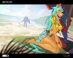  1girl 2boys absurdres aqua_hair beach bracelet brazilian_flag brazilian_flag_print brazilian_miku commentary cross cross_necklace english_commentary eyewear_on_head flag_print flower gold_bracelet green_nails hair_flower hair_ornament hatsune_miku highres jewelry letterboxed long_hair multiple_boys necklace sunglasses tan tanlines twintails v vocaloid wermer 
