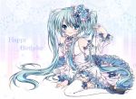  1girl aqua_hair blue_eyes detached_sleeves frills hair_ornament happy_birthday hatsune_miku koyoi_(ruka) long_hair looking_at_viewer sitting smile solo twintails vocaloid 