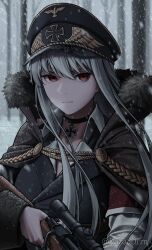 1girl armband artist_name balkenkreuz black_choker black_coat black_jacket bolt_action choker coat collarbone cross empty_eyes forest girls_frontline gun hair_between_eyes highres holding holding_gun holding_weapon jacket kar98k_(girls'_frontline) kazuodum long_hair long_sleeves looking_at_viewer mauser_98 military_uniform nature parted_bangs red_armband red_eyes rifle scope snow snowing tree twitter_username upper_body very_long_hair weapon white_hair 