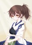  1girl brown_hair highres kaga_(kantai_collection) kantai_collection koyoi_(ruka) looking_at_viewer muneate pleated_skirt side_ponytail sitting skirt sleepy solo translation_request yellow_eyes 