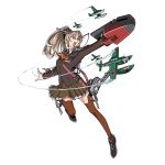  &gt;:o 1girl :o airplane ascot blue_eyes brown_hair hair_ornament harukon_(halcon) highres kantai_collection kumano_(kantai_collection) long_hair machinery open_mouth pleated_skirt ponytail school_uniform skirt solo 