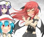  3girls :&lt; alternate_costume bare_shoulders blue_hair blush crescent crossed_arms demon_girl demon_wings embarrassed fang head_wings koakuma mob_cap multiple_girls nobamo_pieruda open_mouth patchouli_knowledge purple_hair red_eyes redhead remilia_scarlet revealing_clothes tears touhou violet_eyes wings x 