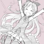  1girl :d ^_^ armpits closed_eyes detached_sleeves fang flat_chest kuroboshi_kouhaku long_hair mahou_shoujo_madoka_magica multiple_monochrome open_mouth outstretched_arms pleated_skirt ponytail sakura_kyouko simple_background skirt smile solo thigh-highs weapon 