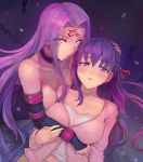  2girls bare_shoulders blush breasts cleavage collar collarbone detached_sleeves dress facial_mark fate/stay_night fate_(series) forehead_mark hair_ribbon large_breasts long_hair looking_at_viewer matou_sakura multiple_girls purple_hair ribbon rider strapless_dress very_long_hair violet_eyes walzrj 