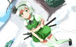  1girl blush green_eyes hair_ribbon katana konpaku_youmu konpaku_youmu_(ghost) looking_at_viewer ribbon shirt silver_hair sinzan skirt skirt_set solo sword touhou tree undersized_clothes vest wall weapon 