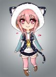  1girl animal_hood blush breasts cat_hood cat_tail chibi headphones hood large_breasts long_hair looking_at_viewer nitroplus pink_hair pom_pom_(clothes) red_eyes smile solo super_sonico tail thigh-highs 