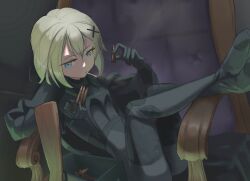  1girl ammunition_box aqua_eyes armchair black_bodysuit black_coat black_gloves bodysuit bodysuit_under_clothes breasts bullet chair cigarette coat commentary crossed_legs damoclestheone english_commentary full_body gloves gun hair_ornament hairclip head_tilt holding holding_bullet indoors jpeg_artifacts knees_up looking_at_object marie_(peripeteia) medium_hair narrow_waist open_clothes open_coat peripeteia reclining rifle rifle_cartridge sitting skinny small_breasts smoke smoking solo three_quarter_view trench_coat weapon 