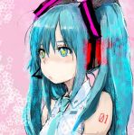  1girl blue_eyes blue_hair bust face hatsune_miku headset long_hair necktie pon solo star star-shaped_pupils symbol-shaped_pupils twintails vocaloid 