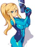  1girl blonde_hair bodysuit breasts green_eyes gun large_breasts long_hair metata metroid ponytail samus_aran solo weapon zero_suit 