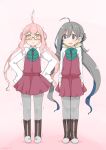  2girls ahoge blush boots coat cross-laced_footwear double_bun glasses grey_eyes grey_hair hands_on_hips kamoto_tatsuya kantai_collection kiyoshimo_(kantai_collection) long_hair makigumo_(kantai_collection) multiple_girls open_mouth pantyhose pink_hair skirt skirt_set sleeves_past_wrists smile tiptoes trembling twintails very_long_hair yellow_eyes 