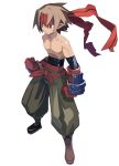  1boy brown_hair clenched_hand disgaea expressionless gloves harada_takehito headband male male_warrior_(disgaea) official_art pants pointy_ears shirtless shoes solo standing white_background 
