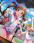  &gt;_&lt; 2girls baba_konomi blush borrowing_race braid brown_eyes brown_hair buruma character_name gym_uniform hairband hakozaki_serika idolmaster idolmaster_million_live! microphone microphone_stand multiple_girls official_art sports_festival stadium translated twintails wrist_grab 