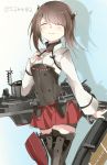  1girl bike_shorts brown_eyes brown_hair closed_eyes flat_chest headband headgear kantai_collection long_sleeves machinery pleated_skirt red_skirt shijima_(sjmr02) short_hair simple_background skirt smile solo taihou_(kantai_collection) thigh-highs twitter_username 