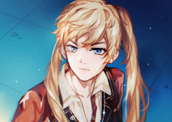  1boy alternate_hairstyle bishoujo_senshi_sailor_moon blazer blonde_hair blue_eyes chinese_commentary clenched_teeth collared_jacket collared_shirt commentary_request derivative_work determined earrings eyelashes gleam hair_over_shoulder highres jacket jewelry lapels light_particles loen_(shining_nikki) long_hair long_sleeves looking_ahead male_focus meme nikki_(series) notched_lapels red_jacket sailor_moon_redraw_challenge_(meme) screenshot_redraw shining_nikki shirt solo stars_zhangzhang stud_earrings teeth thick_eyebrows tile_floor tiles twintails upper_body v-shaped_eyebrows very_long_hair white_shirt 