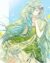  1girl 37_(happy_bird_catcher)_(reverse:1999) 37_(reverse:1999) :d absurdres blue_background blue_eyes blue_hair braid cowboy_shot dress floating_hair flower green_dress green_veil hair_flower hair_ornament hand_up highres long_hair looking_at_viewer official_alternate_costume reverse:1999 short_dress single_off_shoulder smile solo twin_braids veil very_long_hair weiyan_(nbnbmwnl) white_flower 