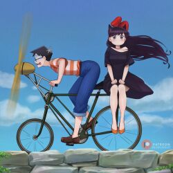  1boy 1girl absurdres artist_name bicycle black_dress black_hair blue_sky bow cosplay day denim dismaiden dress english_commentary glasses hair_bow highres jeans kiki_(majo_no_takkyuubin) kiki_(majo_no_takkyuubin)_(cosplay) komi-san_wa_komyushou_desu komi_shouko long_hair majo_no_takkyuubin orange_shirt outdoors pants patreon_logo patreon_username propeller riding riding_bicycle shirt short_hair sky striped_clothes striped_shirt tadano_hitohito tombo_(majo_no_takkyuubin) tombo_(majo_no_takkyuubin)_(cosplay) two-tone_shirt white_shirt 