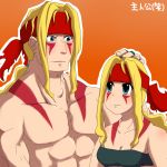  1boy 1girl abs alex_(street_fighter) bare_shoulders blonde_hair blue_eyes breasts cleavage dual_persona facial_tattoo genderswap headband height_difference highres long_hair m16_(tacticalmachinepistol) midnight_bliss muscle patting_head smile street_fighter street_fighter_iii tattoo tubetop 