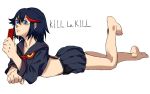  1girl barefoot black_hair blue_eyes digital_media_player highres ipod kill_la_kill lying matoi_ryuuko matoi_sakuretsu midriff on_stomach school_uniform senketsu serafuku skirt solo suspenders toes 