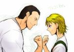  2boys alex_(street_fighter) blonde_hair blue_eyes facial_hair fist_bump frogcage multiple_boys overalls short_hair smile street_fighter street_fighter_iii stubble t-shirt tom_(street_fighter) younger 