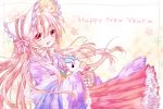  1girl :d hairband happy_new_year japanese_clothes kimono kimono_skirt koyoi_(ruka) light_brown_hair lolita_fashion lolita_hairband long_hair looking_at_viewer new_year open_mouth original red_eyes smile solo stuffed_horse wa_lolita 