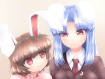  2girls :3 animal_ears blazer brown_hair crescent dress eye_contact inaba_tewi jacket looking_at_another multiple_girls necktie pink_dress pink_eyes rabbit_ears reisen_udongein_inaba shirosato shirt silver_hair smile touhou uneven_eyes 