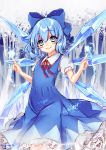 1girl artist_name blue_dress blue_eyes blue_hair blush bow cirno dress frills hair_ornament hair_ribbon highres ice ice_wings looking_at_viewer puffy_sleeves ribbon shimako_(mehr) short_hair short_sleeves smile solo touhou twitter_username wings 