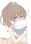  1girl alternate_costume blue_eyes brown_hair casual hair_ornament kantai_collection koyoi_(ruka) kumano_(kantai_collection) long_hair pajamas pillow pillow_hug ponytail sketch solo translation_request 