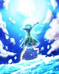  1girl arm_behind_back arms_up bakuha bare_legs barefoot blue_dress blue_hair blue_sky clouds cloudy_sky dress from_behind hair_bobbles hair_ornament hand_on_head hat highres holding holding_hat jumping kawashiro_nitori light_rays ocean outstretched_arm short_hair skirt skirt_set sky soles solo standing standing_on_water sunbeam sunlight touhou twintails water waves wet 