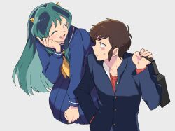  1boy 1girl bag blue_sailor_collar blue_skirt blush_stickers brown_hair buttons closed_mouth collared_shirt eyelashes flying green_hair hand_up highres holding long_hair long_sleeves looking_at_another lum moroboshi_ataru neckerchief open_mouth qrhara555 red_shirt sailor_collar school_bag school_uniform serafuku shirt short_hair sidelocks simple_background skirt smile teeth urusei_yatsura white_background yellow_neckerchief 