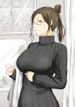  1girl breasts brown_eyes brown_hair bust folded_ponytail glasses hair_ornament hairclip highres large_breasts niwatazumi original ribbed_sweater semi-rimless_glasses smile solo sweater under-rim_glasses white-framed_glasses 