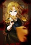  1girl absurdres blonde_hair blood blurry depth_of_field flower green_eyes highres ib long_hair mary_(ib) petals picture_frame rose smile solo soratokanon yellow_rose 
