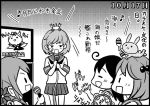  &gt;:d &gt;:o 4girls :&lt; :d :o ahoge akebono_(kantai_collection) animal_ears bandaid_on_face bangs bell black_hair blush bunny_on_head clapping comic crab crab_on_head dog_ears flower hair_bell hair_bobbles hair_flower hair_ornament hair_ribbon instrument kantai_collection karaoke long_hair maracas microphone monochrome multiple_girls oboro_(kantai_collection) open_mouth otoufu rabbit ribbon sazanami_(kantai_collection) school_uniform serafuku short_hair side_ponytail simple_background singing smile solid_circle_eyes solid_oval_eyes swept_bangs tambourine television translation_request twintails ushio_(kantai_collection) yuudachi_(kantai_collection) 